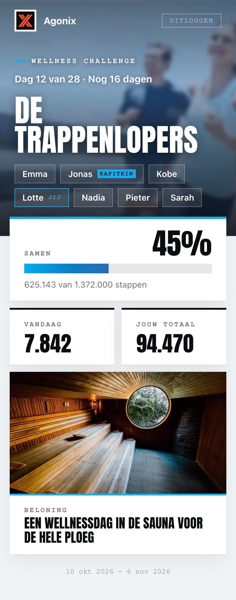 Startscherm van de Giftrunners-app: groep De Trappenlopers met zeven leden, samen 45 procent van het groepsdoel, en als beloning een wellnessdag.